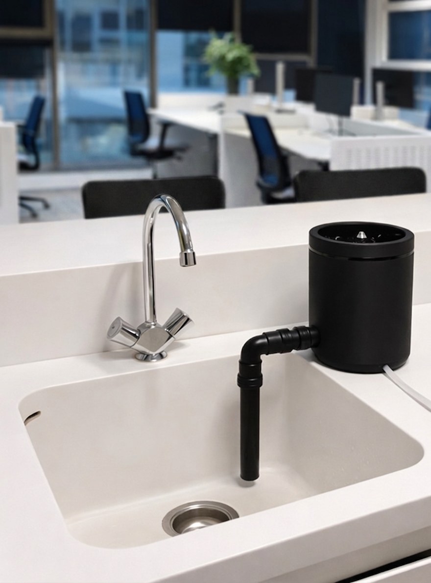 The Rinse&Go demo model on the countertop of an office pantry, next to a sink the drain hose runs into